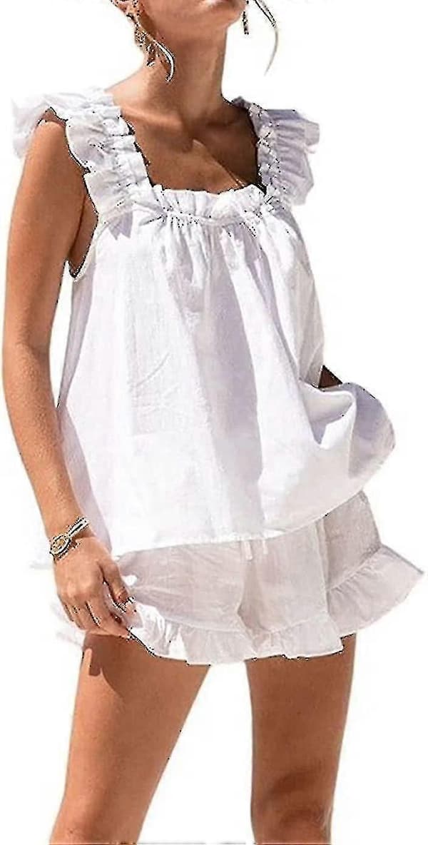 Dame 2-delt Sæt Sommer Mode Flæsekant Cami Og Afslappede Shorts Sæt Bomulds Pyjamassæt Dd. Medium Medium