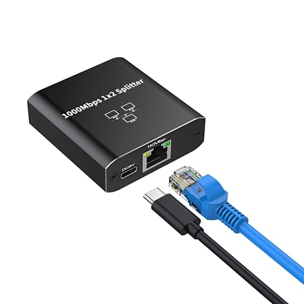 1000Mbps Ethernet Splitter 1 till 2 Nätverks Switch Ethernet Switch RJ45 LAN Internet Splitter med USB C Strömkabel för Dator, Hubb, Switch, Router