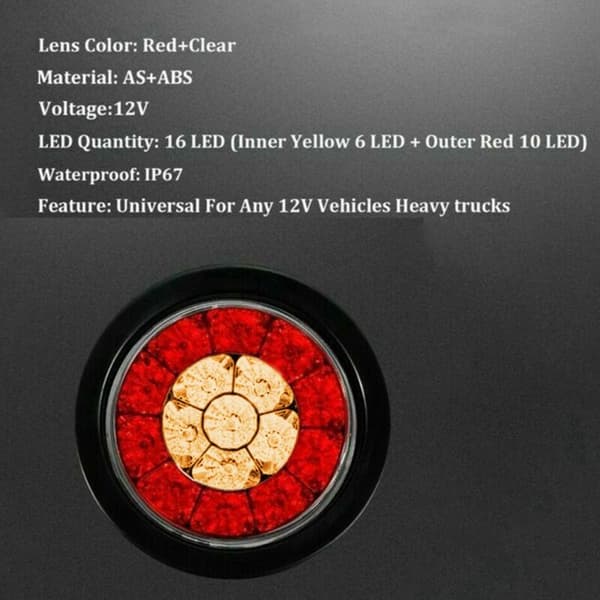 2X Runde 4-toms Røde/LED Lastebil Tilhenger Baklys Stopplys Brems Blinklys