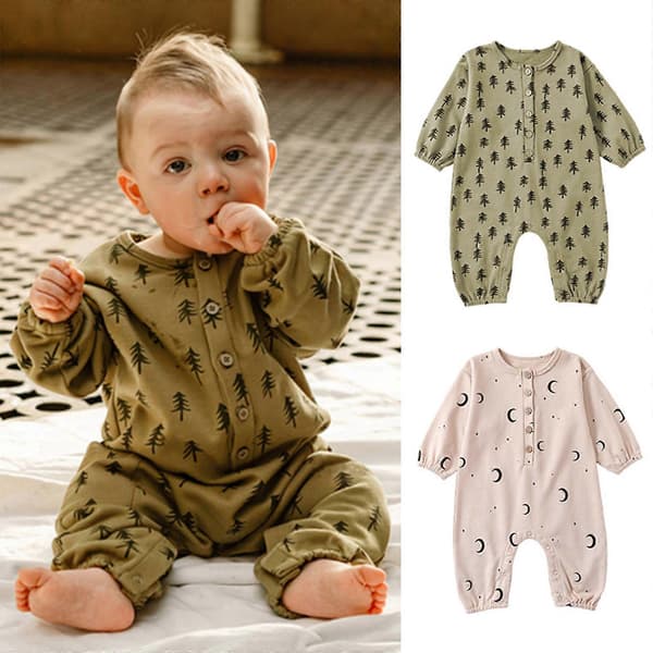 Bomull Nyfödd Baby Romper Söta Tryckta Kläder Långärmade Bodysuits Andningsbara Sovkläder Pyjamas för Baby Shower 73 moon 73 moon 73
