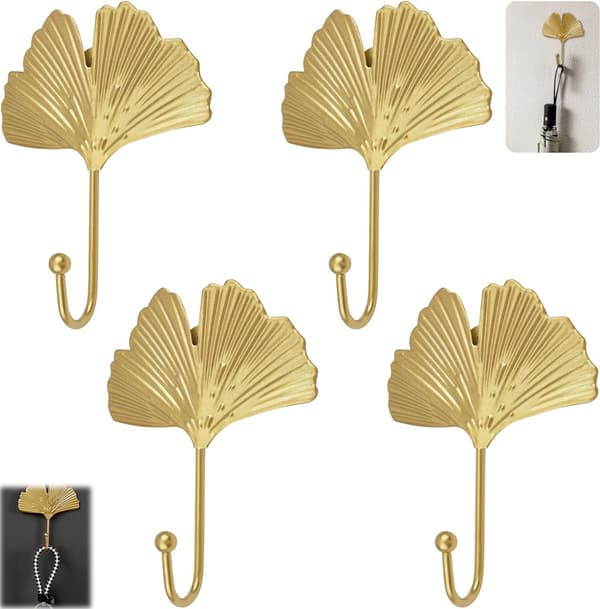4 Hooks Decorative Leaf-Shaped Iron Hooks Ginkgo Leaf Wall Hooks Key Hooks Simple Coat Hook for Entryway Bathroom Gold