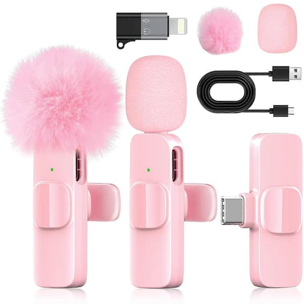 Trådløs Lavalier-mikrofon med støjreduktion, Plug and Play, Rosa til iPhone Android YouTube TikTok