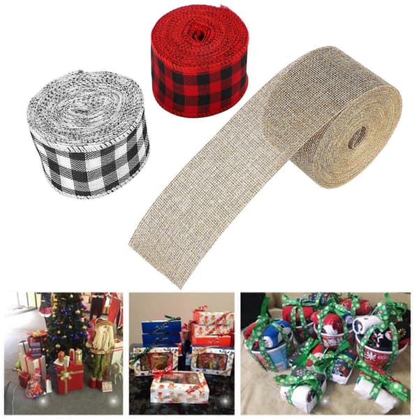 3 Rolls Christmas Craft Ribbon Black Red Black White Jute DIY Bow Material Gift Wrapping (5cm)