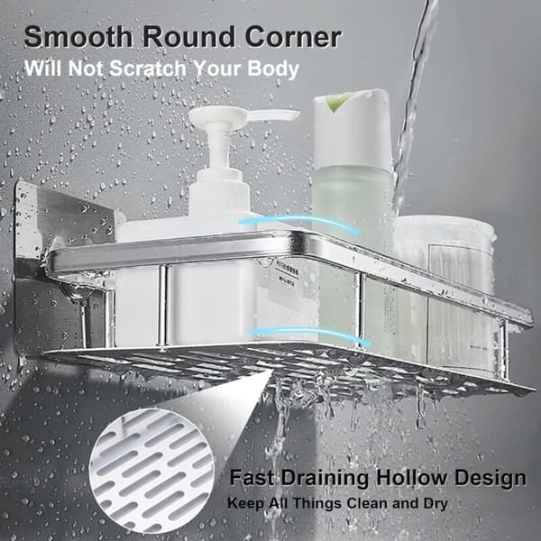 No-Drill Aluminum Shower - Bathroom Storage - Self-Adhesive Bathroom Shelf - Silver Shower Caddy