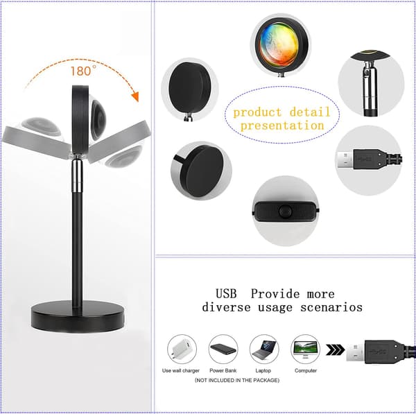 Sunset Lamp, Sunset Lamp with USB, Rainbow Light LED Night Light Adjustable Height 16 Colors 4 Dynamic Modes Two Remote Controls 180° Rotation