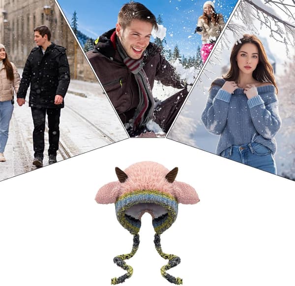 Strikkelue, sauører, varm vinterlue, med øreklaffer, fôret rosa - Rosa