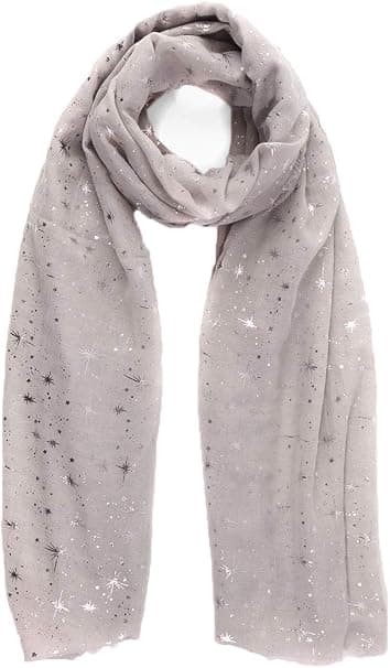 Kveldsstjerne Glitter Skjerf for Kvinner Lett Sjal Bryllup Folie Trykt Skjerf Wrap Stjerner og Måner, Lysegrå Skjerf Med Sølvstjerner