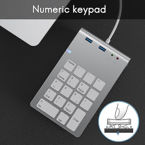 USB Numerisk Tastatur med USB3.0+3.5mm Lydgrænseflade Hub Multifunktionel Bogføring Finansiel Lommeregner