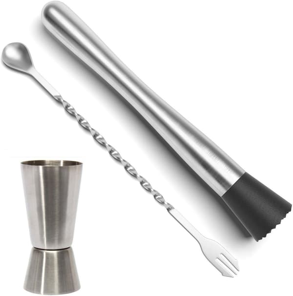 PDFans Cocktail Muddler i Rustfritt Stål med Blandeskje og Jigger