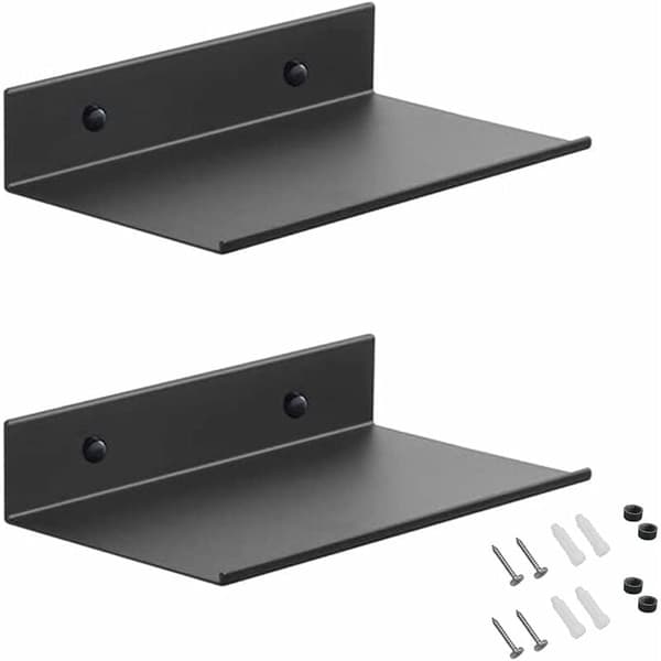 Metal Wall Shelves 20cm Black Floating Shelf 2 Pieces Wall Mounted Shower Shelf Rectangular with Holes and Screws