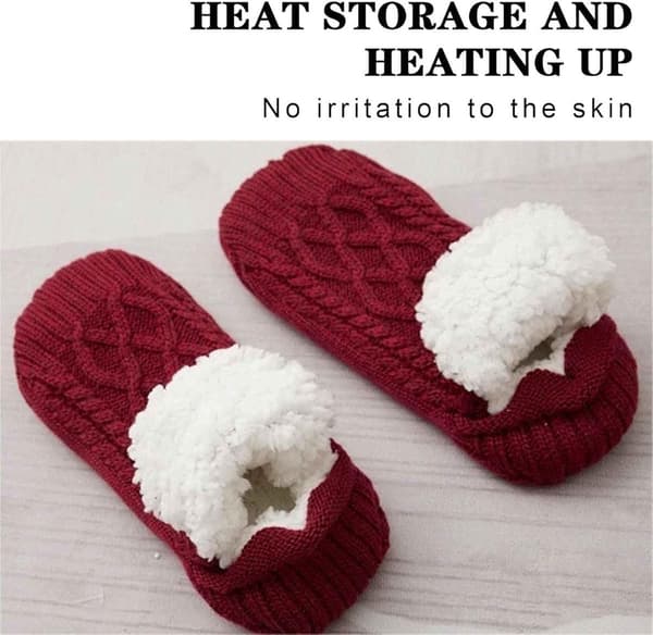 Women's Slippers, Fluffy Fleece Lined Non-Slip Socks, Red, Size 38-42 (26cm)