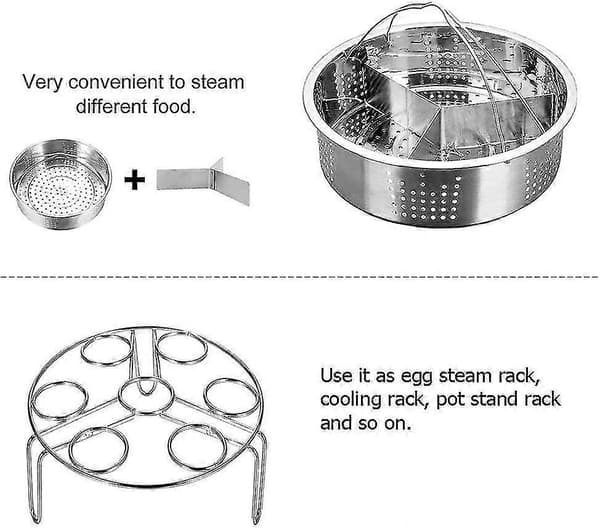 Trykkoger tilbehør Dampkurv med dampstativ, skillevæg, passer til Instant Pot 5, 6, 8 Quart trykkogere, rustfrit stål, sæt med 3