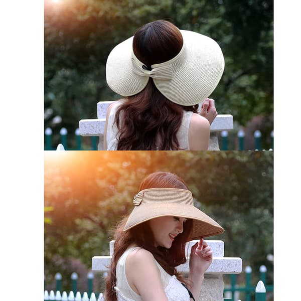 Bredskygget solhat til kvinder, damer, foldbar kasket, hestehale, strandhat med opbevaringstaske til sommer, beige