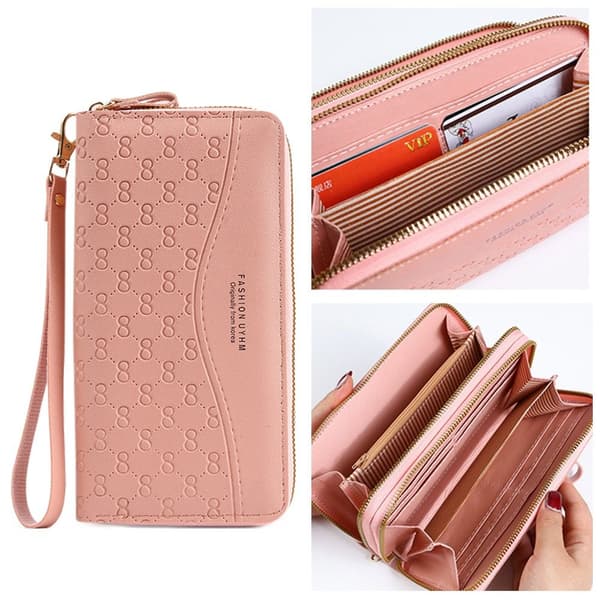 Long Leather Wallet with Zipper, Multi-layer Business Wallet for Women dark pink dark pink