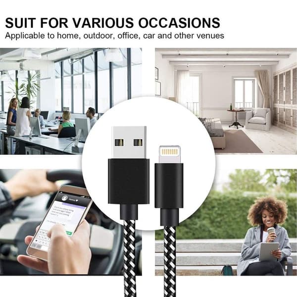 Pakke med iPhone-opladerkabel 3ft/6ft/10ft flettet nylon hurtig USB KLB