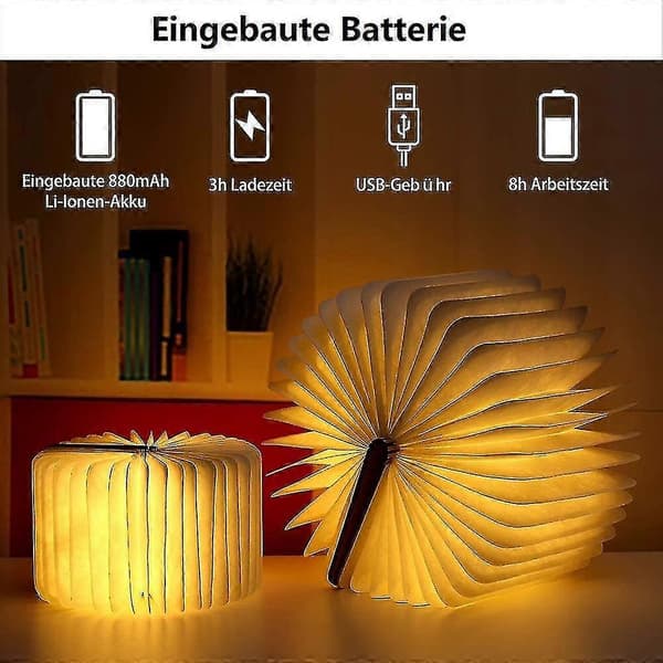 Boklampe i tre, sammenleggbar boklampedekorasjon, varmhvit
