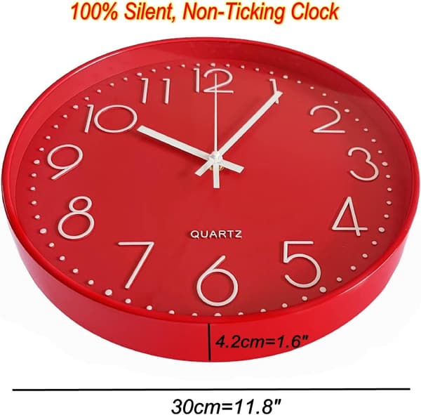 30 cm Round Wall Clock Silent Modern Non-Ticking Quartz Wall Clock for Bedroom Living Room Office Classroom, Red