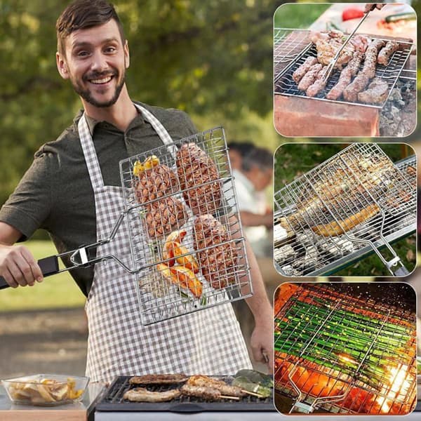 Fiskristekurv, BBQ-kurv i rustfrit stål, sammenklappelig, bærbar, BBQ-kurv med tilbehør i rustfrit stål