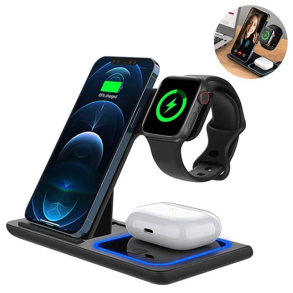 3 i 1 induktiv opladningsstation trådløs oplader til Apple Sort