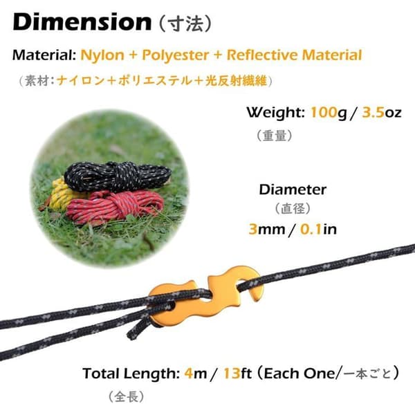 Reflekterende teltline 4m nylonline 3mm diameter campingline med strammer (Sort (Φ3mm) - 4 stk.)