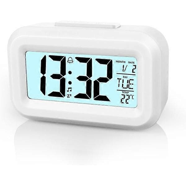 Digital Väckarklocka, Digital Väckarklocka Batteridriven Digital LCD Väckarklocka med Temperatur Datumklocka, för Hemmakontor, Vit