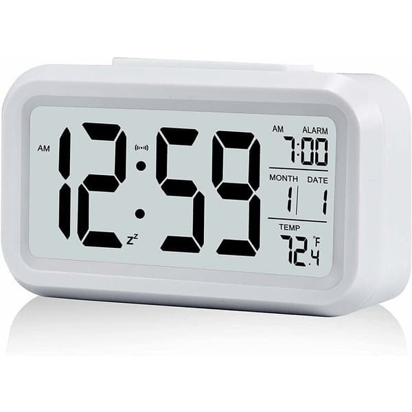 Digital väckarklocka morgonväckning, digital klocka batteridriven tyst väckarklocka för barn vuxna stor LED-display temperaturkalender (vit)