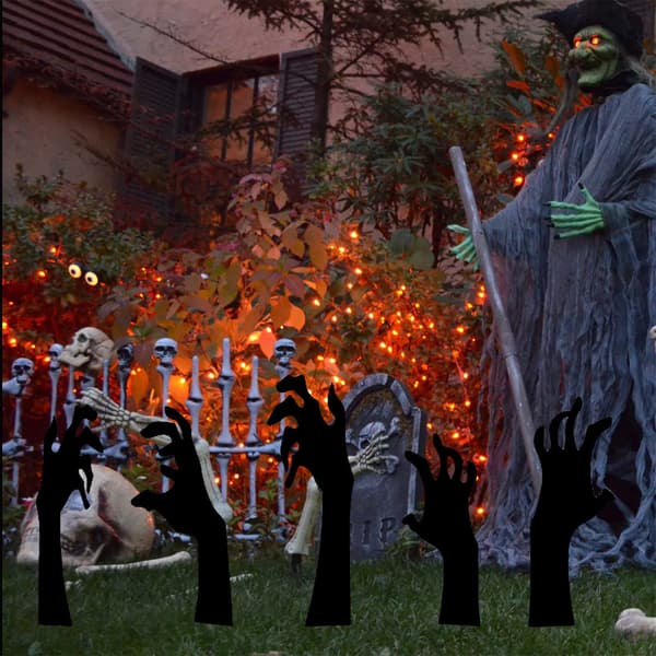 5-pack Halloween svarta handskyltar med träpåle läskig siluett Halloween-dekor