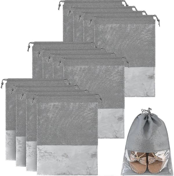 12 st Skoförvaringspåsar, Non-woven Förvaringsväskor, 44 x 32 cm, Grå