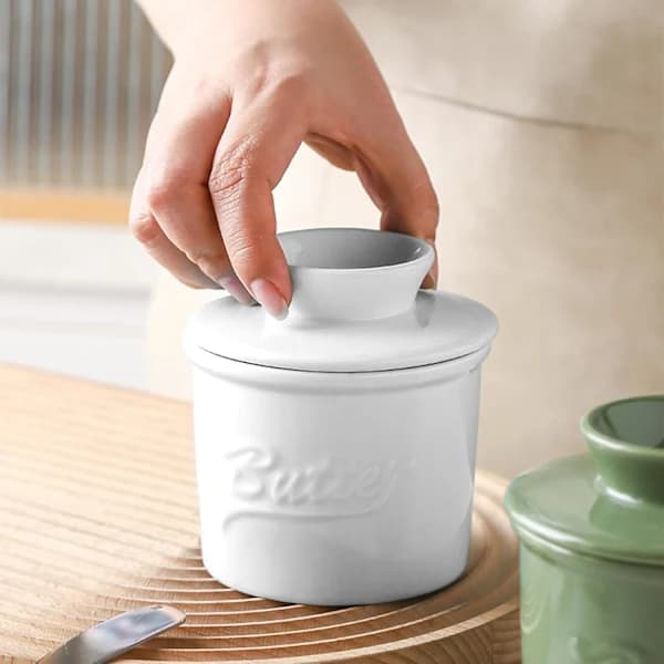 French Butter Crock with Lid, White Ceramic Butter Storage for Soft Spreadable Butter