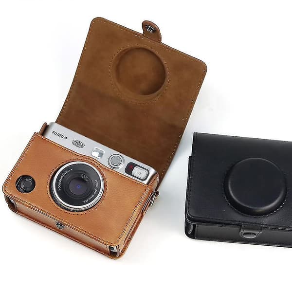 Mini Evo Camera Bag Compatible For Fuji Instax Mini Evo Instant Camera With Adjustable Shoulder Strap In Brown Litchi Texture Horizontal Style
