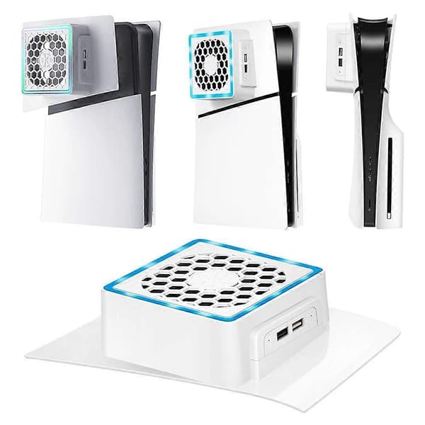 Sidemonteret køleblæser med LED-lys 2 USB-porte Spillekonsol Køleblæser Sidekøler Kompatibel med PS5 SLIM
