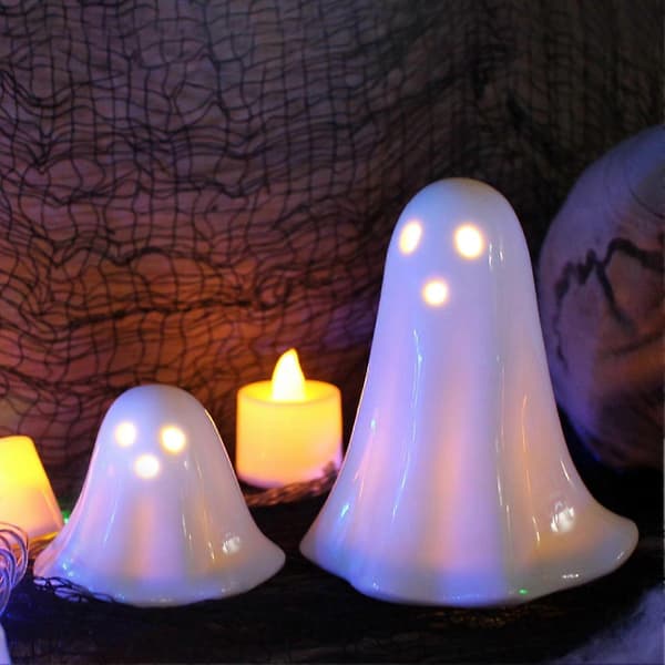 2 PCS LED Ceramic Ghosts Small White Ghost Figurines, Luminous Ghost Decor, Small LED Ghost Halloween Decor Spooky Sculptures