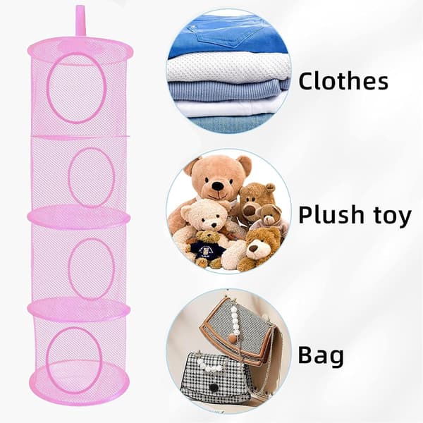 Hanging Net Storage, 2-Pack Foldable Hanging Toy Storage, 4 Compartments Foldable Hanging Storage Basket Stuffed Animal Storage Net