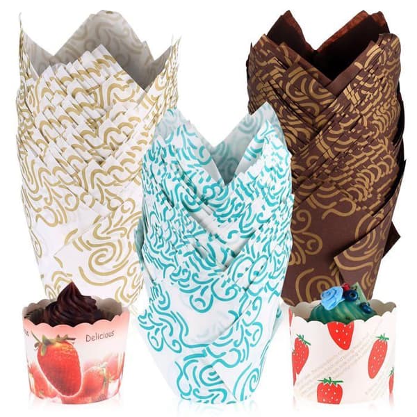 Tulipanformede muffinsformer i papir - 150 stykker - Cupcakeform for fester - Baking av bursdagskaker