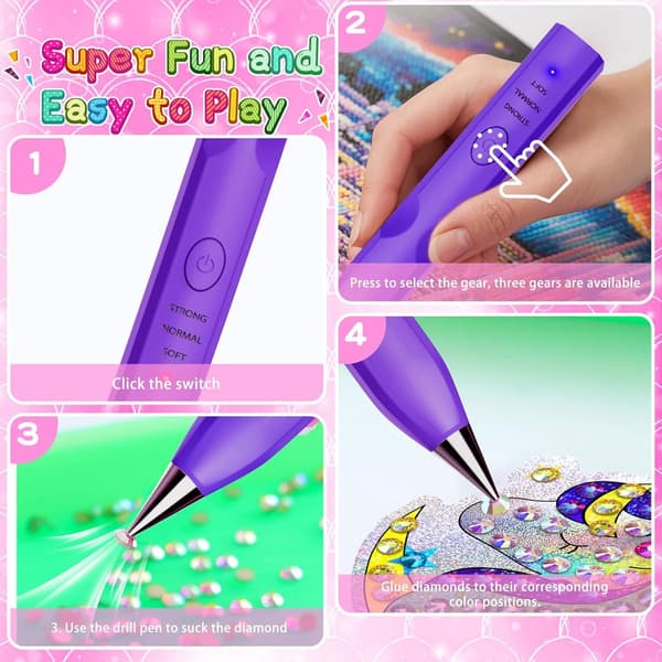 Electric Diamond Painting Pen with Vacuum Suction, Cordless Rechargeable ABS Tool with 4 Tips for Beginners and Crafters, Purple