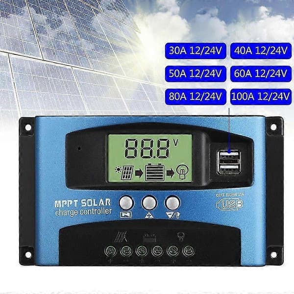 MPPT solcelleladeregulator 100A 80A 60A 50A 40A 30A Dobbelt USB LCD-skærm 12V 24V