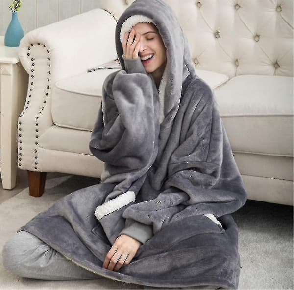 Fleece Blanket Oversized Hoodie Wearable Blanket Soft Warm Comfortable Giant Large Front Pocket Grey Grey