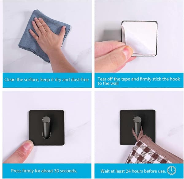 5-pack Self-Adhesive Wall Hook Stainless Steel Coat Hook Brushed Stainless Steel Bathroom and Rack No Drilling Black