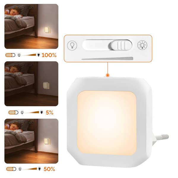 Sensor-LED-nattlampa 2-pack EU-plugg 0.6w Dimbart varmvit 2835 med automatisk ljusreglering för sovrum, korridor och hotell