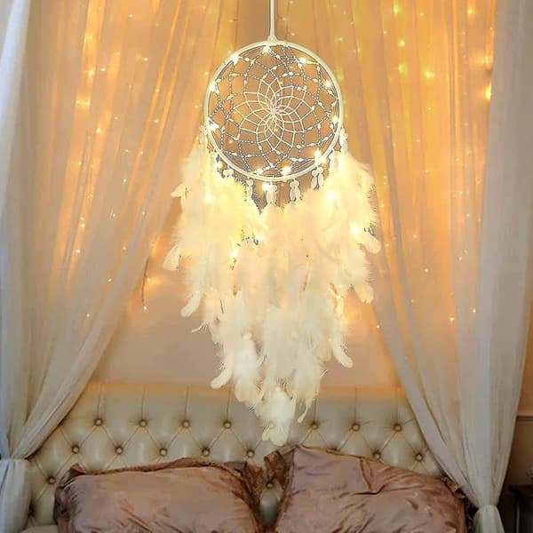 LED Drømmefanger Veggdekor Hvit Fjær Drømmefanger Med Lys, Håndlaget Perle Boho Vevd Kunst Ornament