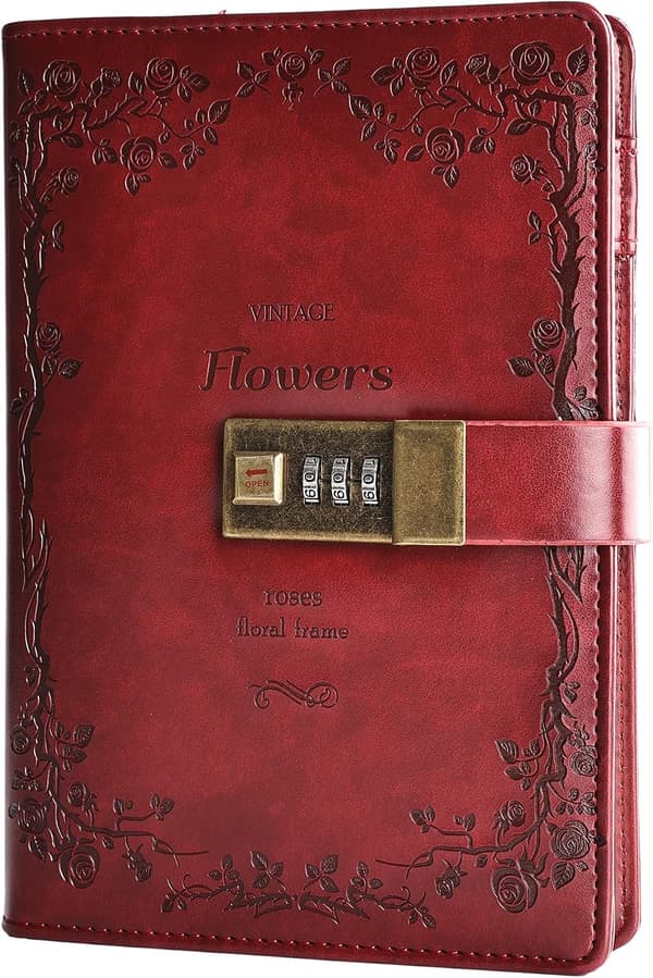 Floral Leather Journal with Lock Writing Diary Notebook Combination Password Lined Refillable Paper 200 X 140 Mm (Red) Red