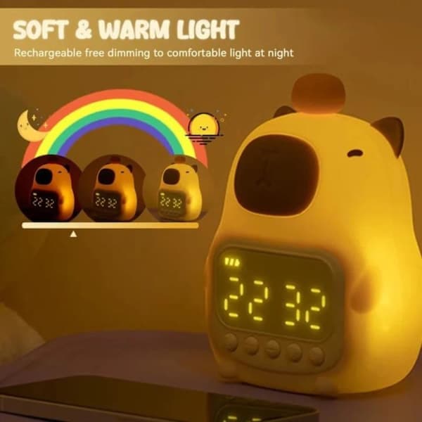Capybara-formad digital väckarklocka med LED-display & nattlampa | Snooze, timer, temperatur | Barnsängklocka för sovrum & heminredning