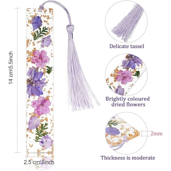 Tørrede blomsterbogmærker i harpiks med farverige, silkebløde kvaster, 4 stk.