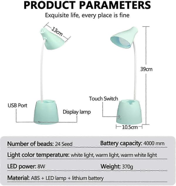 Skrivebordslampe, LED Bordlampe 3 Lystilstande og Touchsensor, Dæmpbar 360 Graders Rotation Skrivebordslampe til Læsning, Studier, Arbejde (Grøn)