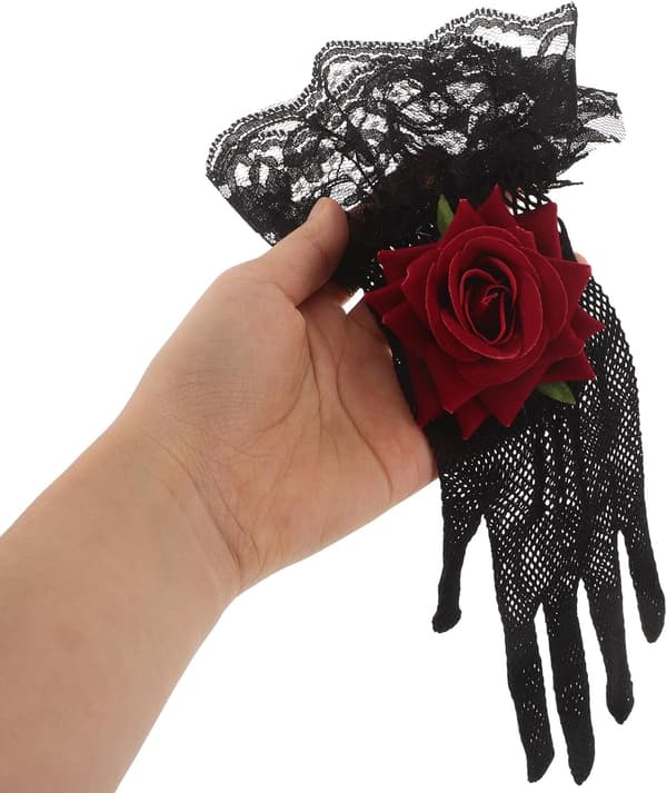 Sorte blondehandsker til kvinder med 3D roser mønster af blonde og fløjl, fleksibel pasform, elegante te-selskab bryllupsaftenhandsker