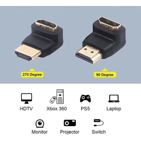 2 kpl HDMI-sovittimia, 90 astetta ja 270 astetta, suorakulmainen HDMI-liitin, uros-naaras, 4K 3D