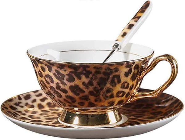 YBK Tech Benporcelæn Kop & Underkop Sæt i Europæisk Stil, Keramisk Te- og Kaffekop til Hjem, Køkken, Bryllup (Leopardmønster) Leopard Pattern Leopard Pattern