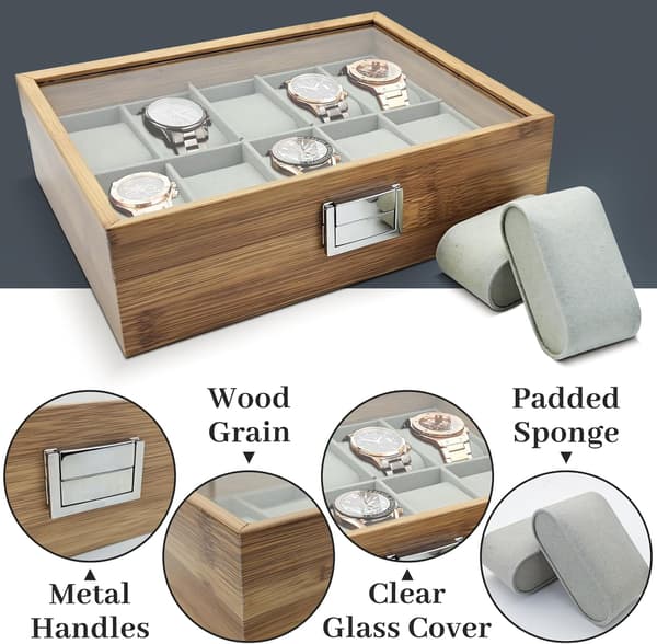 Wooden Watch Box, Storage Organizer with Removable Pillows 10 Slots