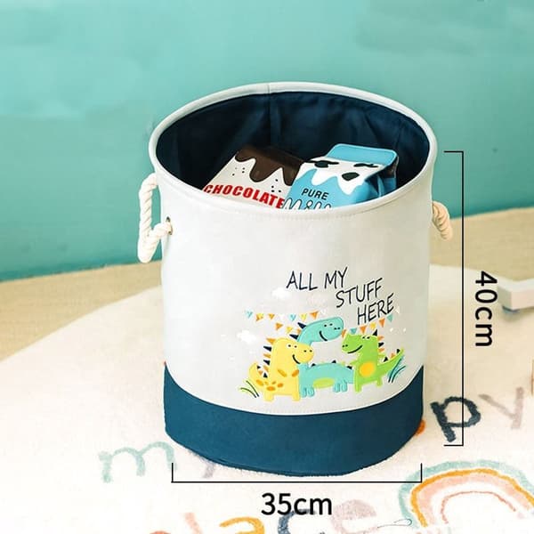 Dinosaur Toy Storage Basket with Drawstring Closure and Handles, Foldable Cotton Linen Laundry Hamper for Nursery, Blue 35x40 cm