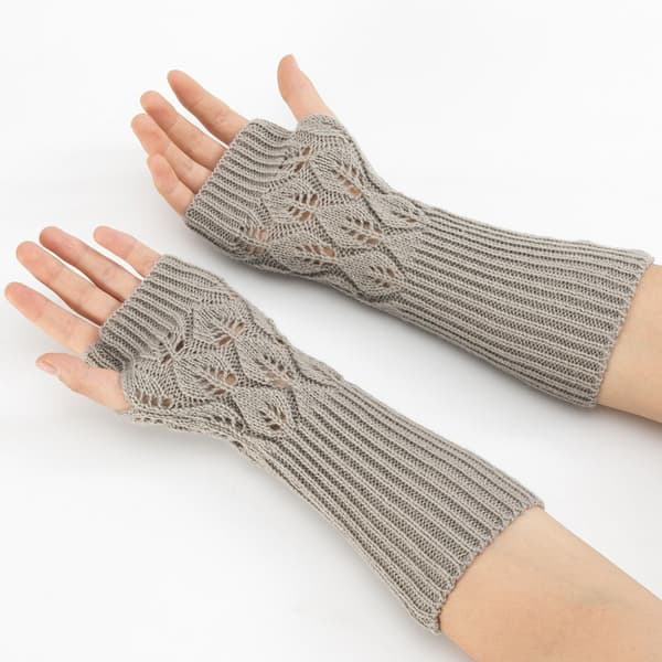Women's Knitted Jacquard Leaf Pattern Gloves, Warm, Open Finger, Half Finger, Typi, Light Grey, KLB